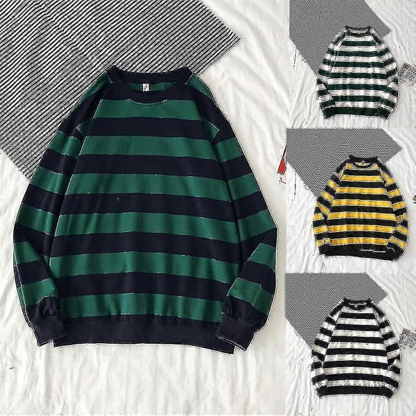 Stribet sweater dame mode O-hals løs afslappet strik pullover sweater Black S