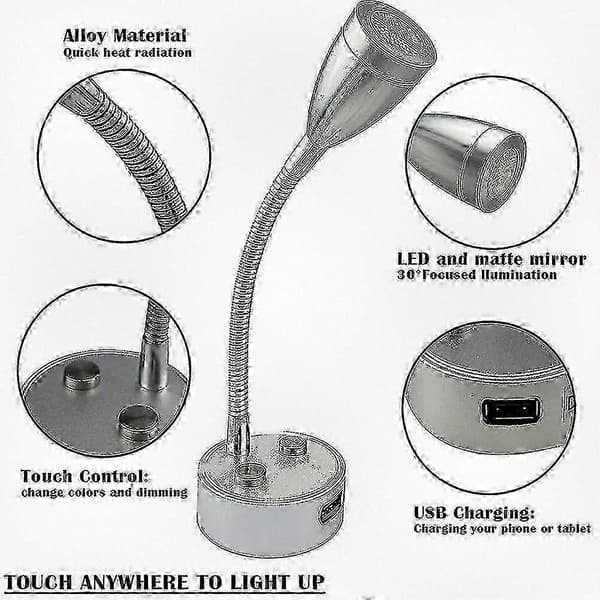 2025 12V 24V LED Læselampe med USB-oplader, Dæmpbar autocamperlys til lastbil, trailer, sengekant, 2-pak sort silver