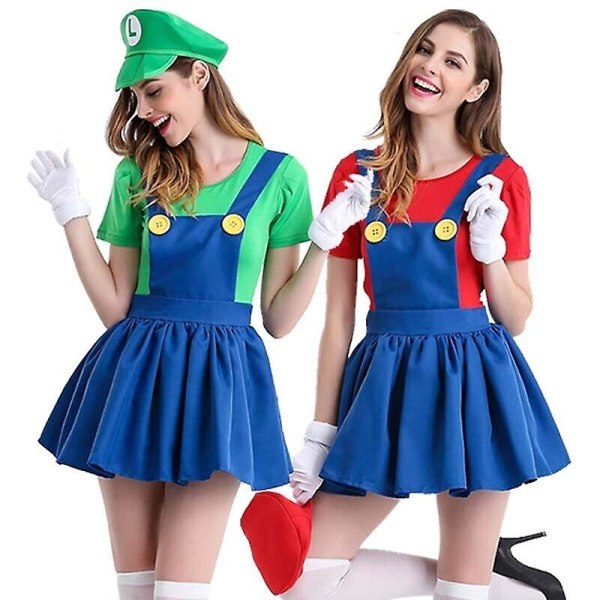 Dames Super Mario Luigi Kostume Kvinder Halloween Fæstekjole Green XL