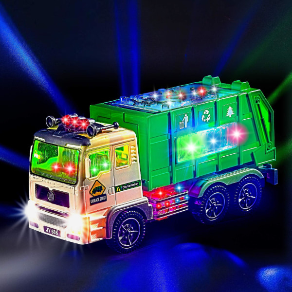 Lelu roska-auto lapsille 4d valoilla ja äänillä - Akkukäyttöinen automaattinen Bump & Go -auto - Puhdistusautotarrat -z