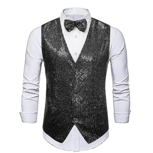 Sliktaa Glänsande paljettväst för män för bröllopskläder () Black 2XL