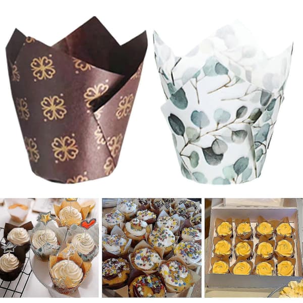 200 st tulpanformade muffinsformar, värmebeständiga, söt eukalyptusdesign, gröna White
