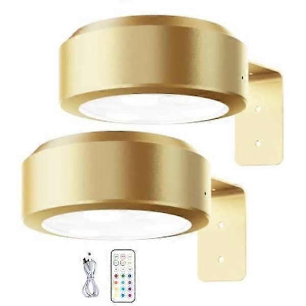 Veggmontert Trådløs Bildelampe med Fjernkontroll Dimbar Batteridrevet Justerbar 13-Fargers RGB Malerilampe - Perfekt Gullfarget golden 2pcs
