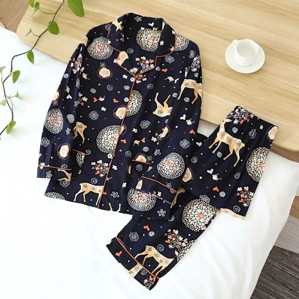 Vårens/Sommarens Nya 100% Viscos Långärmade Byxor Dam Pyjamas Set 3Xl Plus Storlek Lång Sömnkläder Kvinnor Nattkläder Hem Sika Hjort Sika deer XL