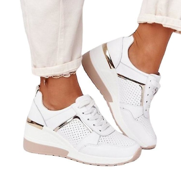 Snörning Wedge Sports Snickers Vulkaniserade Casual Comfy Shoes för kvinnor white 43