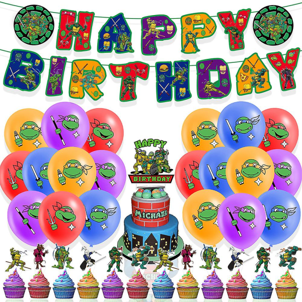 Ninja Turtles-tema bursdagsfestpyntsett med gratulasjonsbanner, ballongsett, kakecupcake toppers