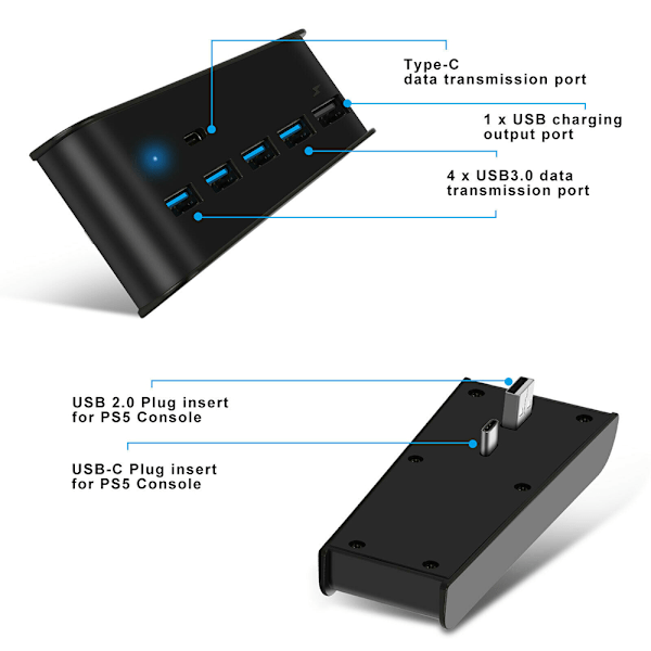 PS5 USB HUB-konverter USB høyhastighetsoverføring forlengelse Black