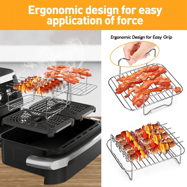 2PCS Airfryer Rack, Airfryer Double Layer Rack, Multifunctional Airfryer Accessory, Grill Rack with 5 Skewers, CJY