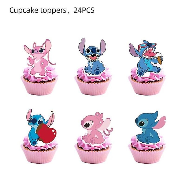 Rosa Stitch Födelsedagsfest Dekoration Lilo Och Stitch Tema Servis Ängel Ballonger Tallrikar Koppar Tillbehör För Barn Flickor Hög Kvalitet 24pcs cake topper