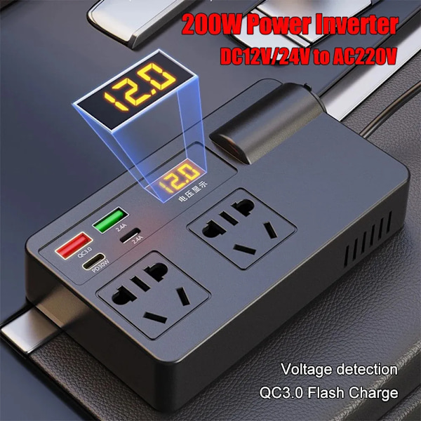 Bil Inverter Strømadapter 200W DC 12V/24V til AC 220V Konverter 3.0 USB/PD/Type-C Oplader Spændingsdetektion ON/OFF Kontakt 250425