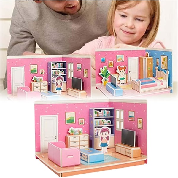 4 kpl 3d Stereo Room Puzzle - Perheen interaktiivinen lasten palapeli, käsintehty paperiliitosmalli, 100 % uusi