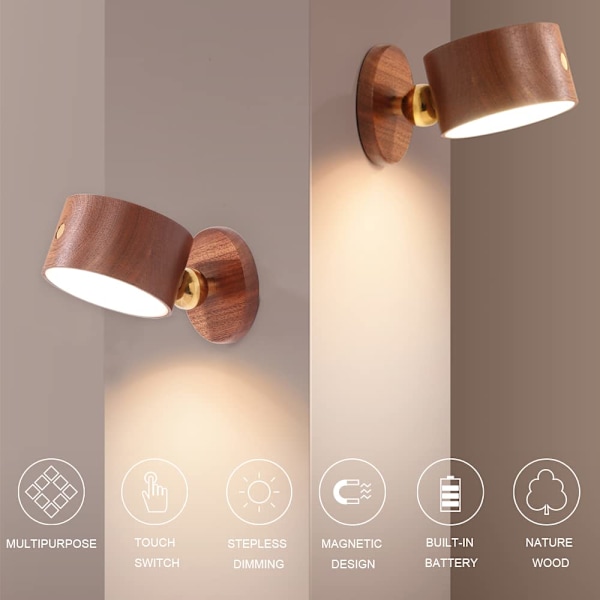 LED Vägglampa Batteridriven med USB-laddning Steglös Dimning Trådlös Lampa (Svart)