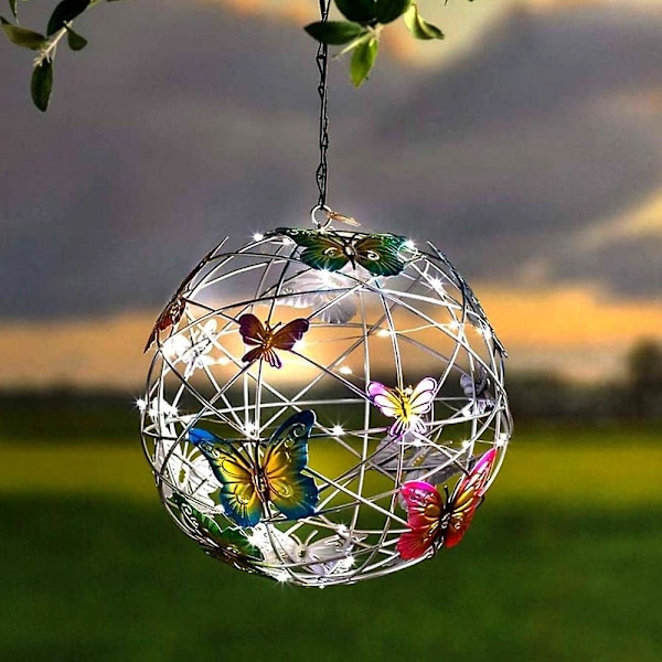 Solarlampor för utomhusbruk, färgglada trädgårdslampor med fjärilar, hängande rund bollampa, vattentät vävd lampa dekorativa nattlampor (ZYH) Multicolor
