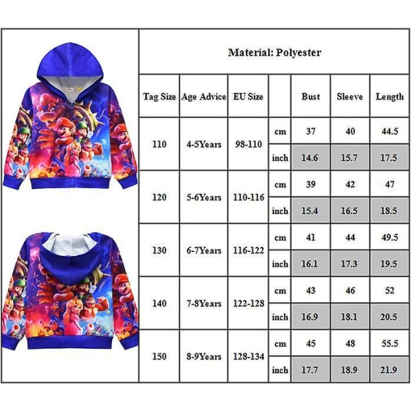 Super Mario 3D Digital Print Børne Hoodie med Lynlås - Casual Langærmet Hættetrøje - Yderbeklædning - Julegave - Fødselsdagsgave til Børn 6-7 Years