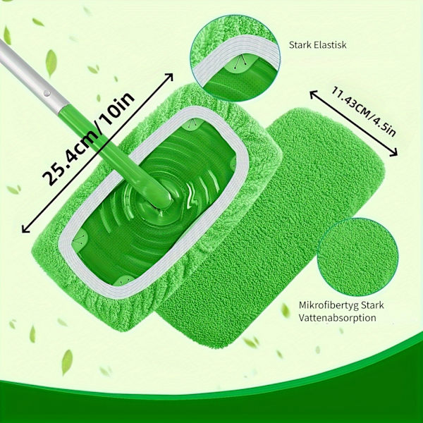 10 gjenbrukbare moppeputer, vaskbare, absorberende, flatmopper Grön