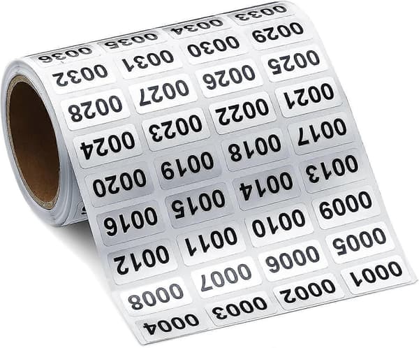 Vedenpitävä numeroitu tarratarra 0,39 x 0,78 tuumaa (0001 - 2000)
