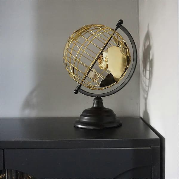Modern Metallic Open Frame World Globe Sculpture with Gold Base Compatible with Home Office Decoration M