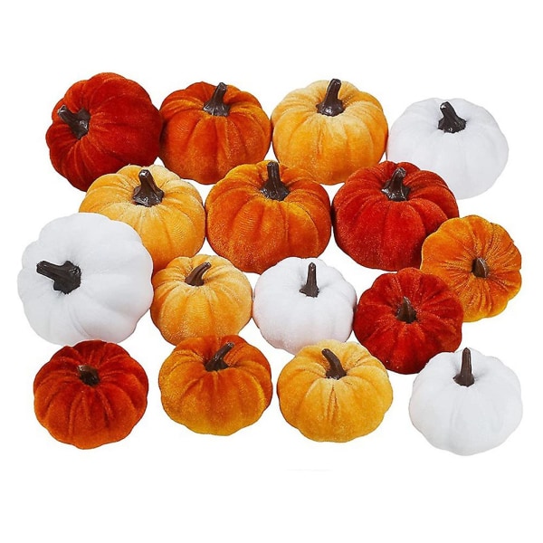 16 kpl Faux Velvet Pumpkins Maalaismainen sadonkoristus, minikeinotekoiset kurpitsat syksyn pöytäkeittiöön Keskipiste syksyn halloween kiitospäivän koristeluun