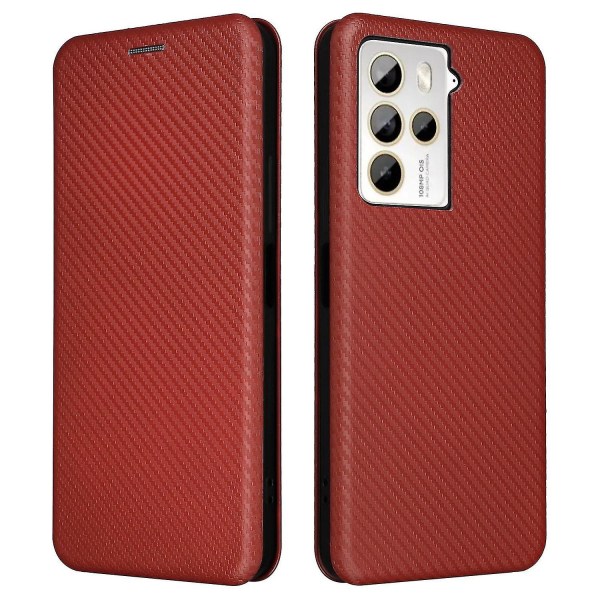 För HTC U23 Pro 5G Telefonställ Case Carbon Fiber Texture Cover med kortplats Brown