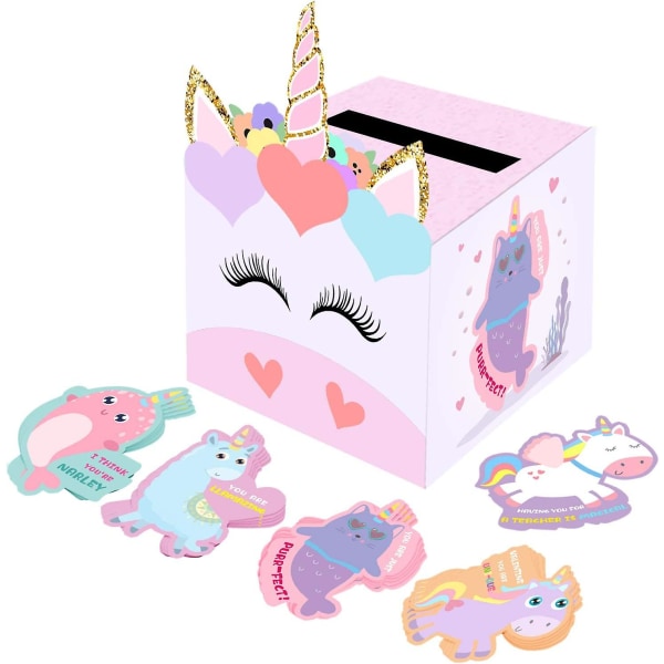 Valentine's Day Gift Box for Kids - Unicorn Valentine's Day Cards for Class Exchange of 32 Count