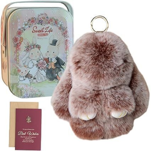 Joulupupunen Lulu-avaimenperä tinapurkissa, Lulu-avaimenperä laatikossa, Bunnylulu-avaimenperä Käsintehty pehmeä ruskea pupu Brown 10*10cm