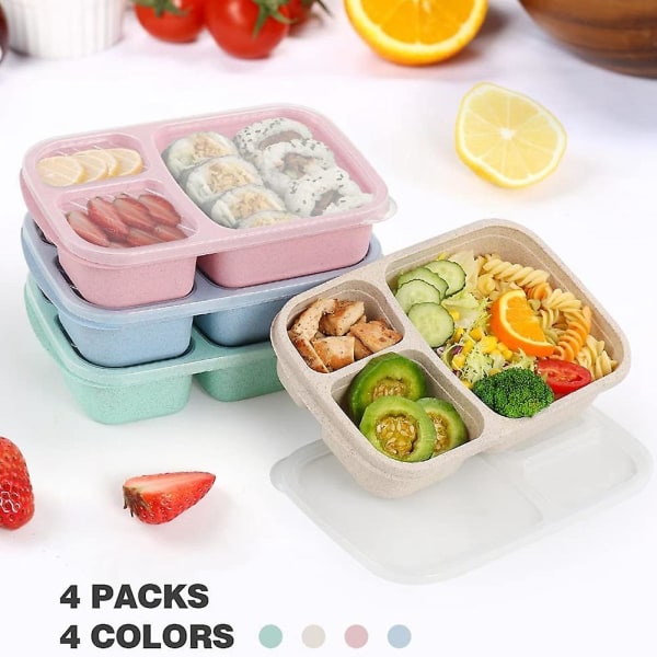 4-pack Bento Lunchbox, 3-fack måltidsförberedande behållare, lunchlåda för barn, återanvändbar matinnehåll