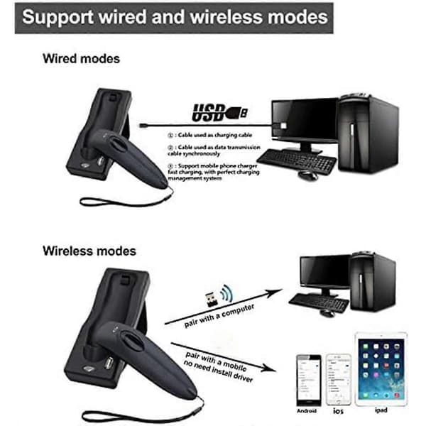 Wireless Bluetooth Barcode Scanner Handheld USB Barcode Reader with Charging Base with Vibration AlarmCJY Black
