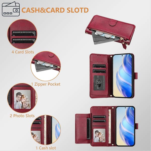 Compatible with Honor Magic7 Pro 5G Case Zipper Pocket Multiple Card Slots Leather Phone CaseCJY Red