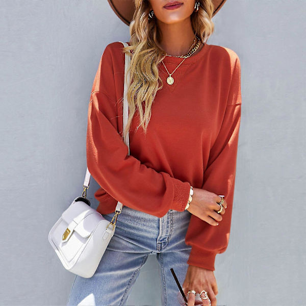 Dame Top Drop Shoulder Langærmet Høj Stretch Crewneck Pullover Skjorte til Efterår Vinter