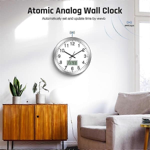 12-inch Analog Wall Clock with Digital Date, Week, Indoor Temperature - Battery Operated Wall Clock, Automatic Setting CJY Silver