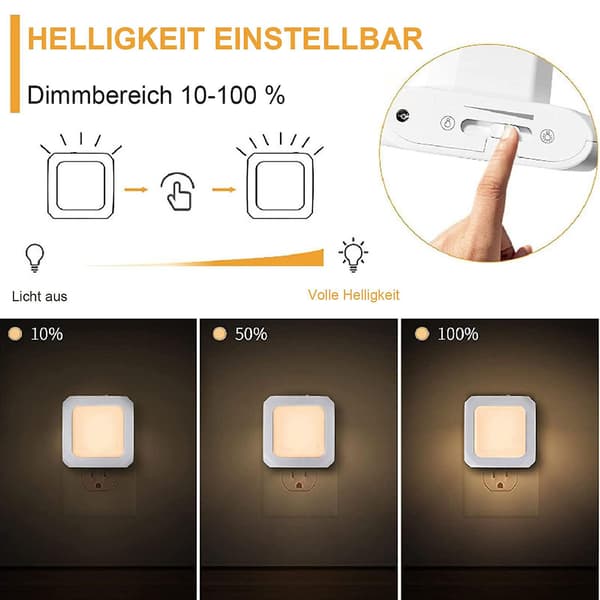 2 stk nattlys med trinnløs dimming, bevegelsessensor, firkantet, EU-plugg