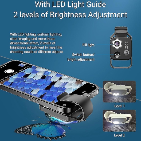 200x forstørrelse mikroskoplinse Ingen mobil LED-lys Mini lommemakro linser til alle smartphones Sort