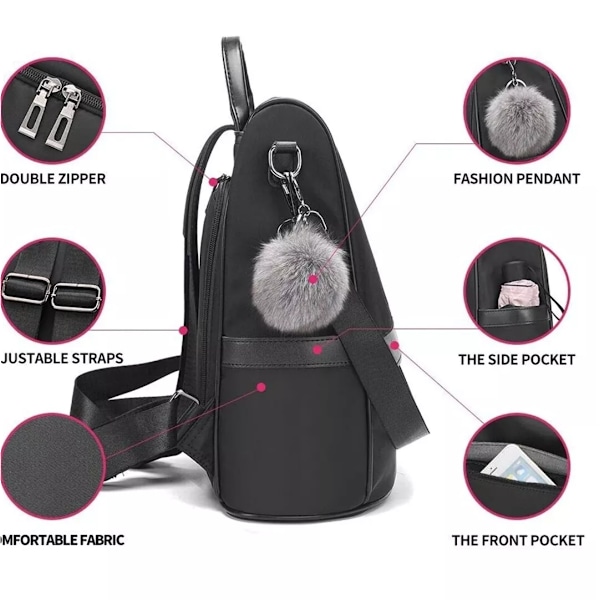 Stöldskyddande PU Läder Ryggsäck för Kvinnor Casual Handväska Rese Axelväska Messenger Bag Black