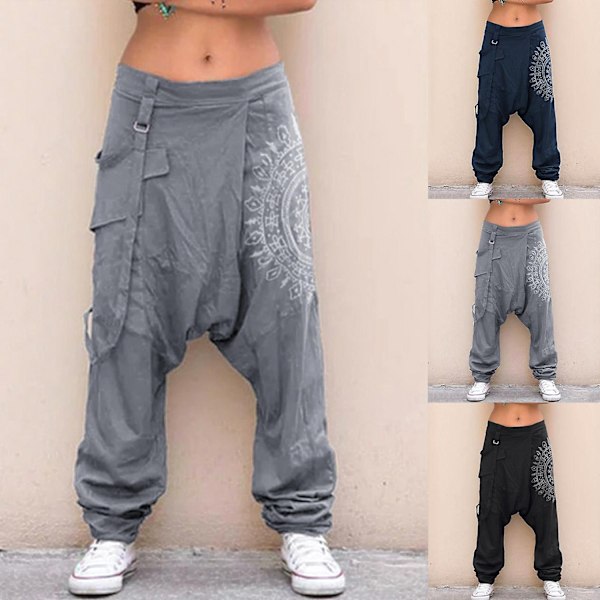 Fianao Kvinder Lav Talje Drop Crotch Retro Print Slappe Baggy Bukser Løse Harem Bukser - WELLNGS Sort Grå Grey S