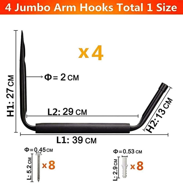 4 stk Kajakk Oppbevaringsstativer Heavy Duty Garasje Henger Jumbo Veggkroker for Kano Kajakk