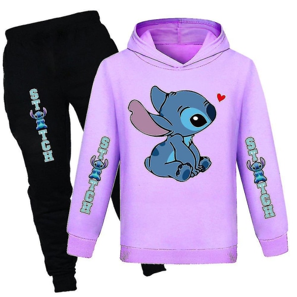 Lilo & Stitch Print Børne Tracksuit Sæt Drenge Piger Casual Hættetrøje Jogger Bukser Outfit Activewear Sportswear Purple 13-14 Years