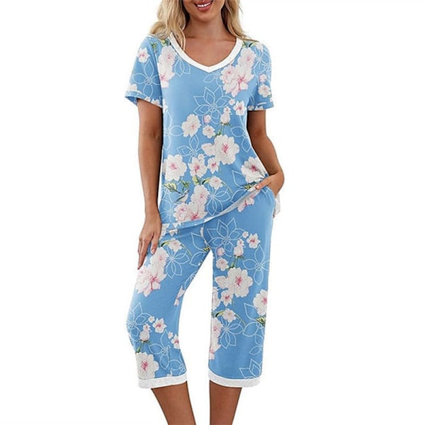 Pyjamas for kvinner, 2 deler, nattøy med kort erme og capri-bukser, blå trykk Blue Print 2XL