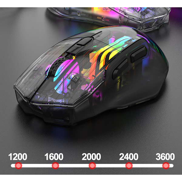 Bluetooth Trådløs Mus, Tri-Mode 2.4G/USB-C/Bluetooth Mus Opptil 3600 DPI, Chroma RGB Bakgrunnsbelyst, Transparent Mekanisk Gamingmus, Kul USB-Mus