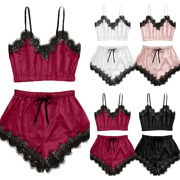 Silkespets Perspektiv Pyjamas Kvinnor Sexig Sling Satin Sömnad Rosa Pink M