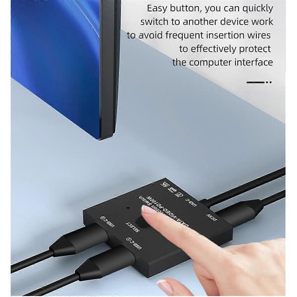 Bi-Directional USB C Switcher 100W Opladning+10Gbps Data+8K Videooverførsel 1x2/2x1 KVM Switch til 2 L Black