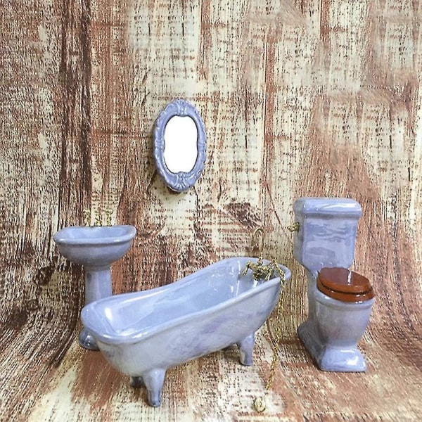 Dockhusmöbler Miniatyr set Lila badrumstillbehör 4st-1:12 Skala (blågrå)