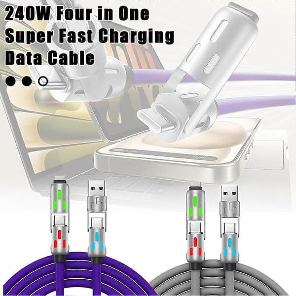 240 W 4-i-1 USB-C-kabel, USB C-kabel 1,2 m, Multi USB-ladekabel, Rask USB Purple
