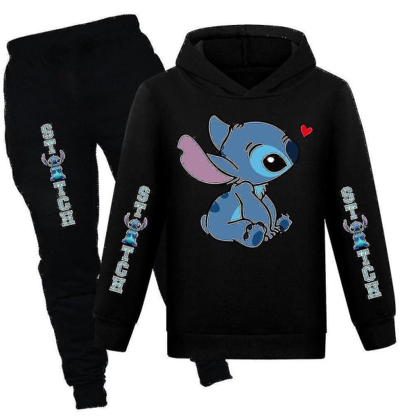 7-14 År Lilo & Stitch Børne Tracksuit Sæt Hættetrøje Bukser Outfit Aktivtøj Gave Black 9-10 Years