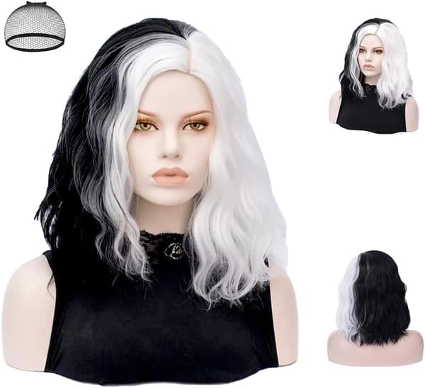 Half Black Half White Wavy Wig, Medium Length Wavy Wig with Elastic, CJY