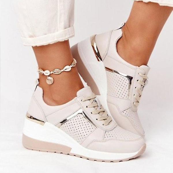 Snörning Wedge Sports Snickers Vulkaniserade Casual Comfy Shoes för kvinnor off-white 37