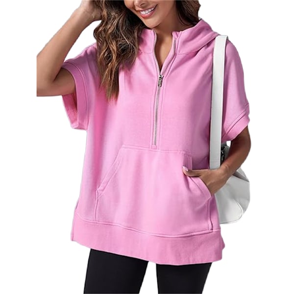 Kvinnors kortärmad halv dragkedja pullover baggy hoodie pullover casual hoodies blus Rosa Pink M