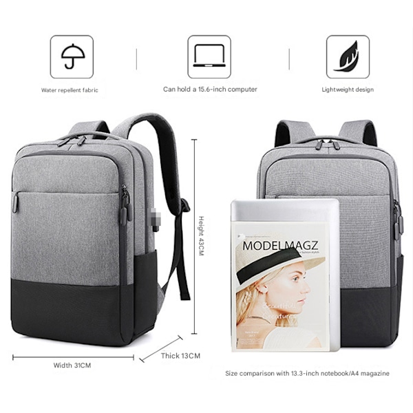Vattentät Laptop Ryggsäck, Stor Kapacitet, Affärsresor, Vattenavvisande Ryggsäck för Pendling grey
