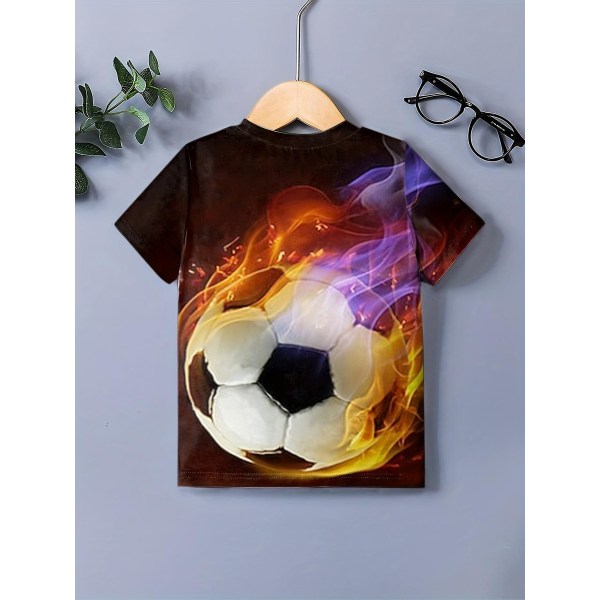 Flame Football Mønster T-shirt til børn, Kortærmet Top, Casual Tee, Drengetøj til sommer 120cm