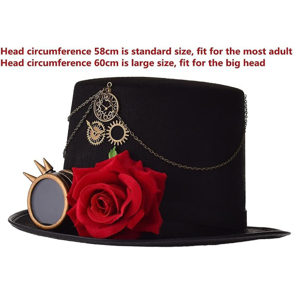 Unisex Steampunk Top Hats Halloween Kostym Hatt Med Glasögon (60cm) Svart Black 3 L