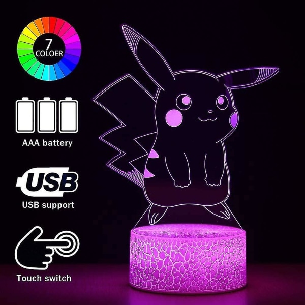 3d Pikachu Anime lampa -pikachu leksaker Färgbyte dekorlampa med fjärrkontroll och smart touch, jul- och födelsedagspresenter för Pikachu-fans
